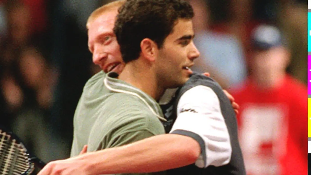 Pete Sampras aus den USA umarmt Boris Becker am Sonntag (24.11.) in Hannover nach seinem Sieg im Finale um die ATP-Weltmeisterschaft. Sampras gewann das Spiel gegen den Titelverteidiger in fünf Sätzen mit 3:6, 7:6, 7:6, 6:7 und 6:4. dpa