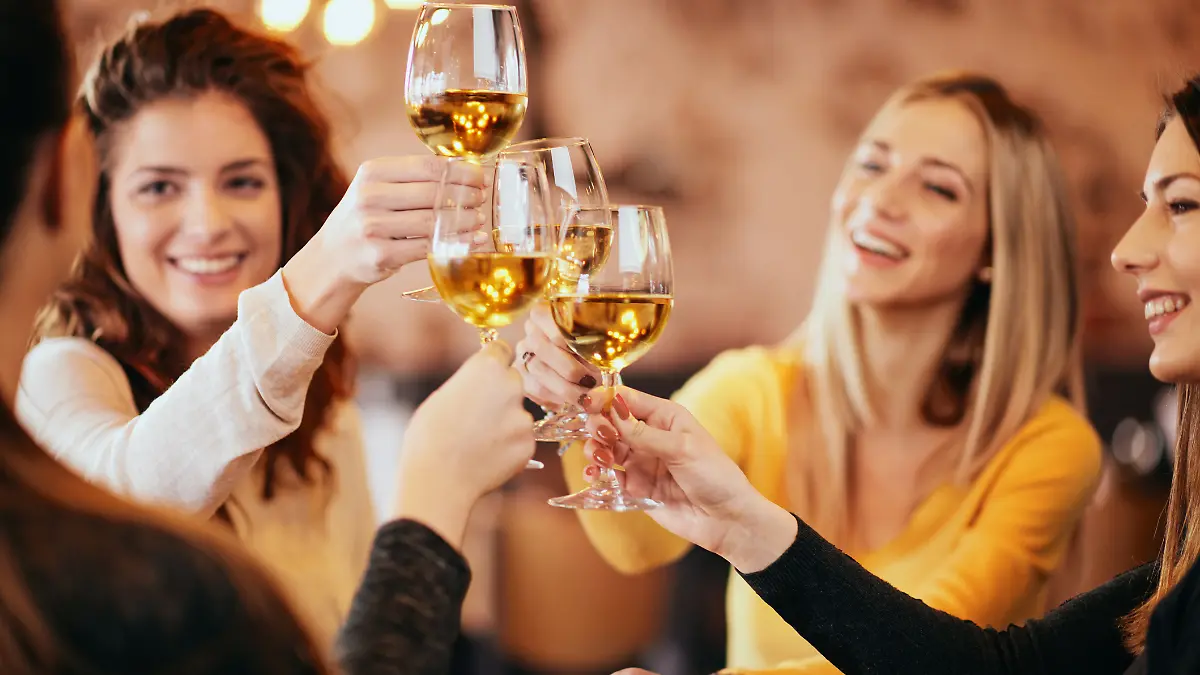 Eine weibliche Gruppe von Freunden stößt mit einem Glas Wein an.