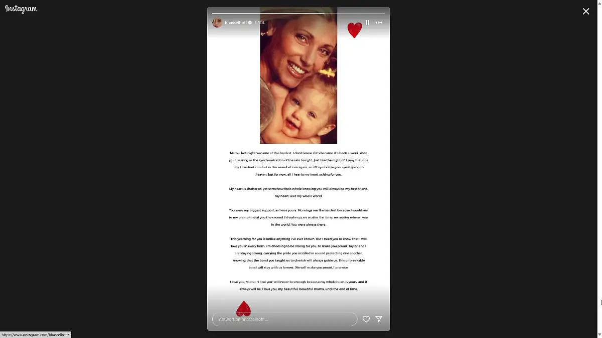 Hayley Hasselhoff postet bewegende Zeilen zum Tod ihrer Mutter.