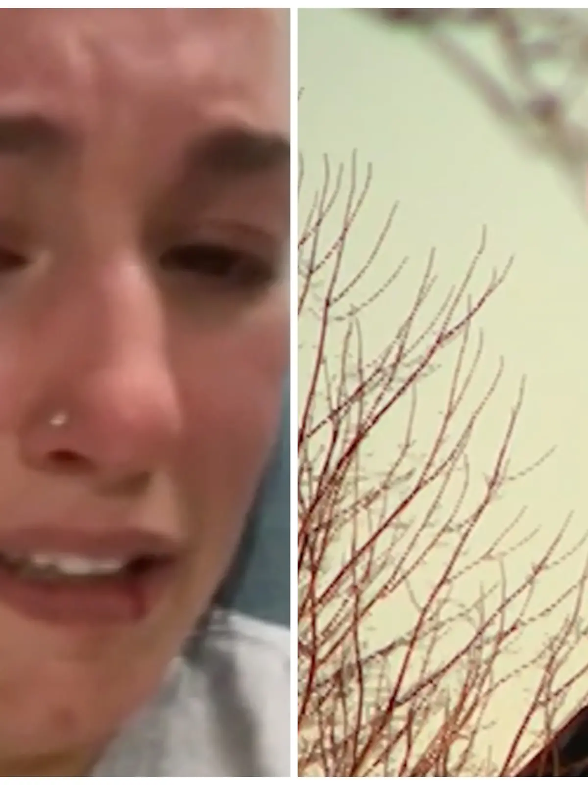 Fotocollage: Links Jessica weinend mit Verletzungen im Gesicht, rechts ein Kreuz auf dem Turm eines Friedhofs.