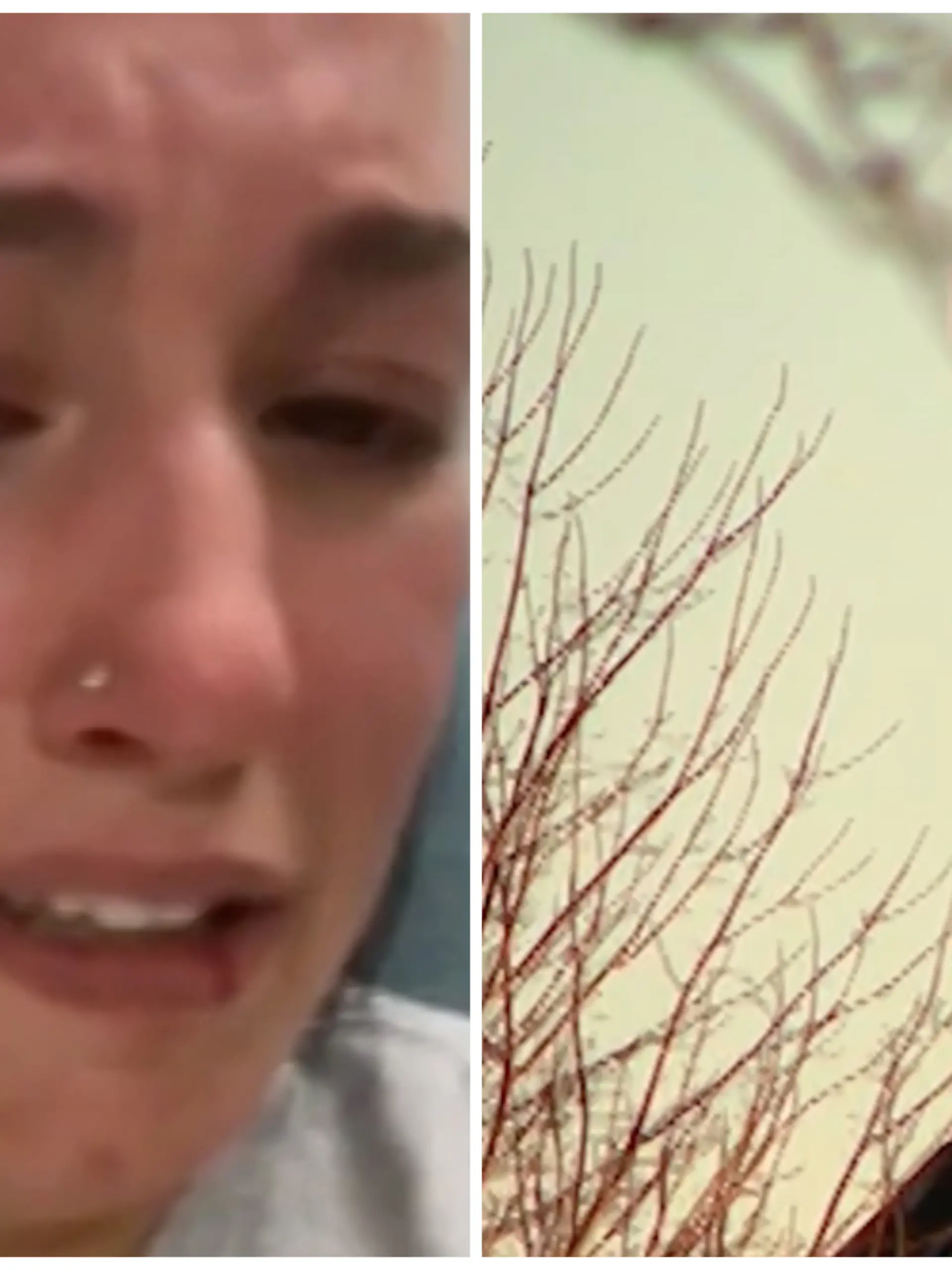 Fotocollage: Links Jessica weinend mit Verletzungen im Gesicht, rechts ein Kreuz auf dem Turm eines Friedhofs.