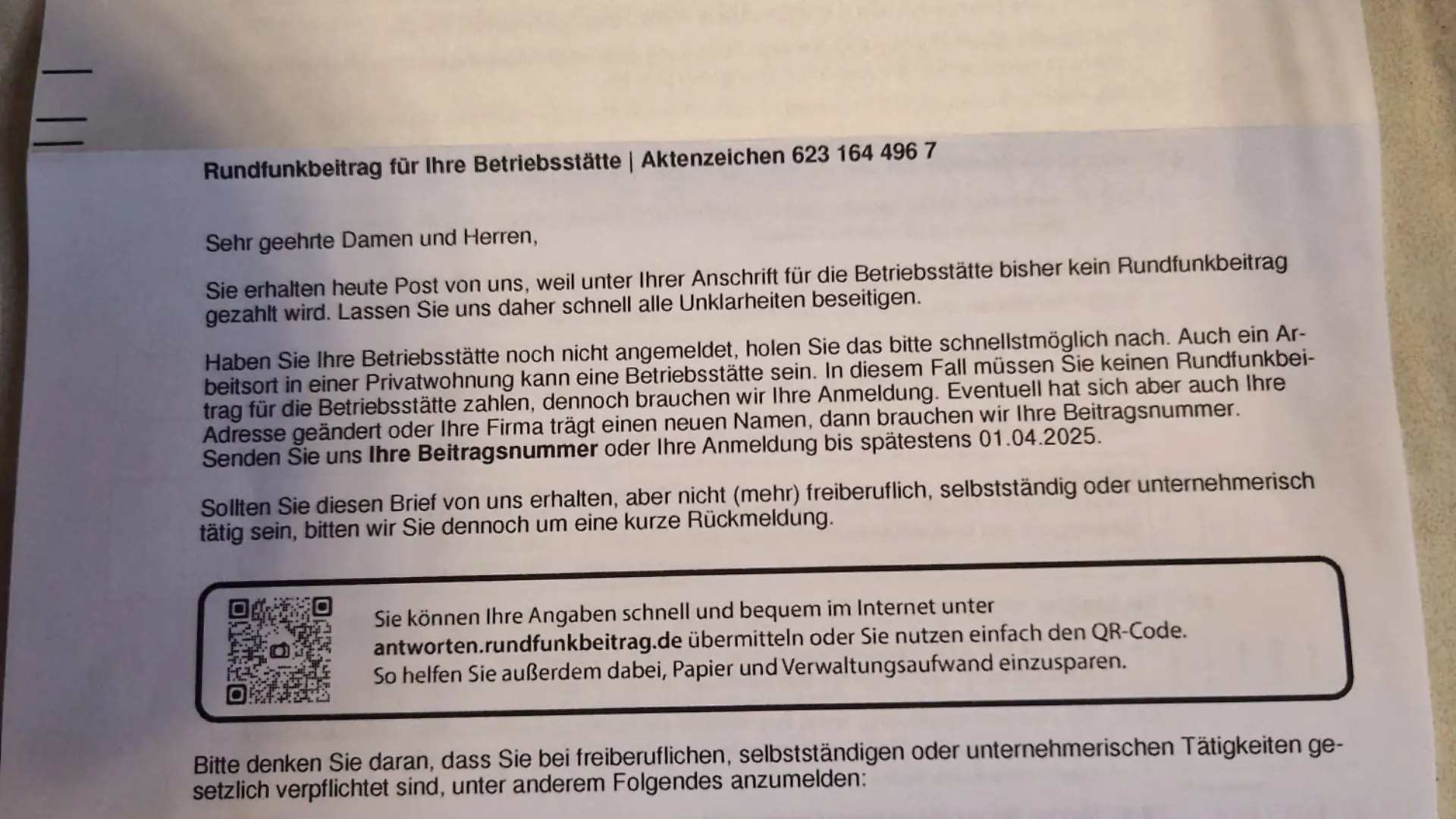 Diesen Brief bekommt der Hund von der Beitragsstelle.