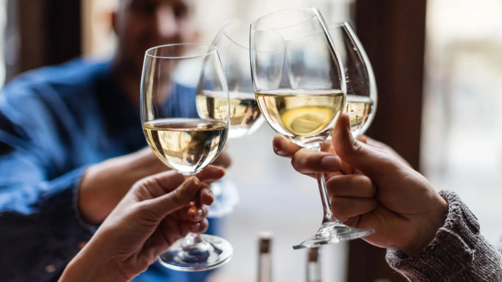 Friends toasting each other with white wine, smiling, sitting in restaurant