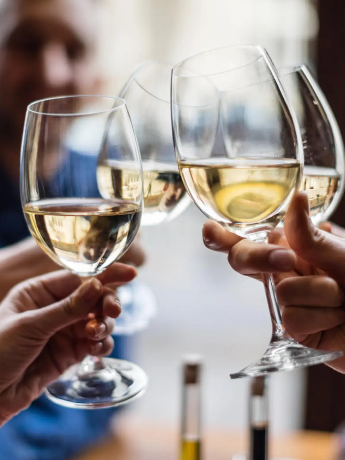 Friends toasting each other with white wine, smiling, sitting in restaurant