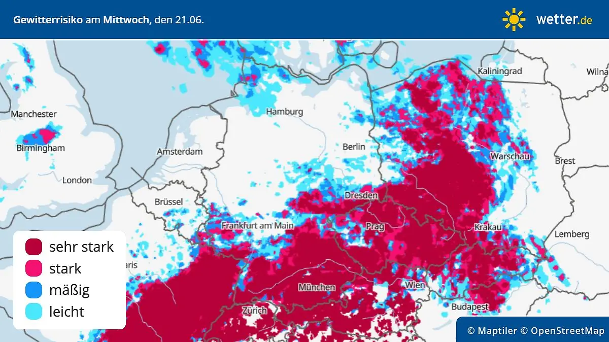 Die Grafik zeigt das Gewitterrisiko am Mittwoch, 21.06.2023
