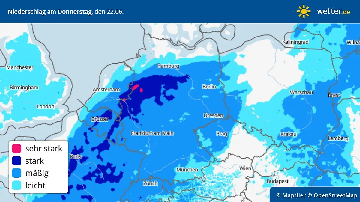 Die Grafik zeigt die Niederschläge am Donnerstag, 22.06.2023