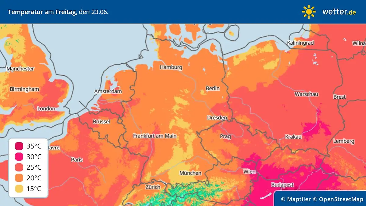 Die Grafik zeigt die Höchstwerte am Freitag, 23.06.2023