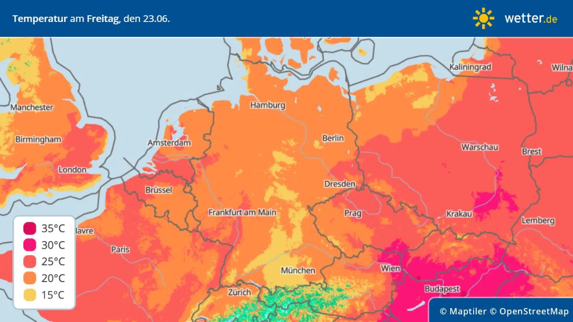 Die Grafik zeigt die Höchstwerte am Freitag, 23.06.2023