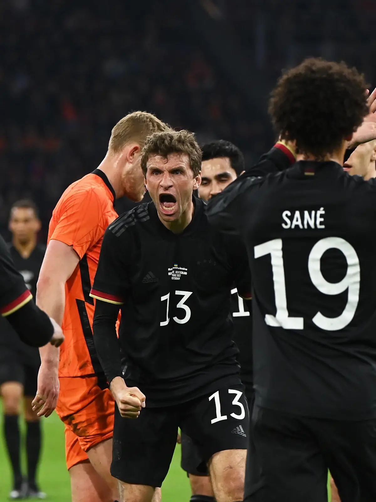  Fussball, Herren, Saison 2021/22, EM-Qualifikation, Test-Länderspiel in Amsterdam, Niederlande - Deutschland, v. l. Jamal Musiala Deutschland, Thomas Müller Deutschland, Leroy Sane Deutschland, Timo Werner Deutschland, Jubel nach Tor zum 0:1, 29.03. 2022, *** Football, men, season 2021 22, European Championship qualification, test international match in Amsterdam, Netherlands Germany, v l Jamal Musiala Germany , Thomas Müller Germany , Leroy Sane Germany , Timo Werner Germany , cheering after goal to 0 1, 29 03 2022, Copyright: xMatthiasxKochx