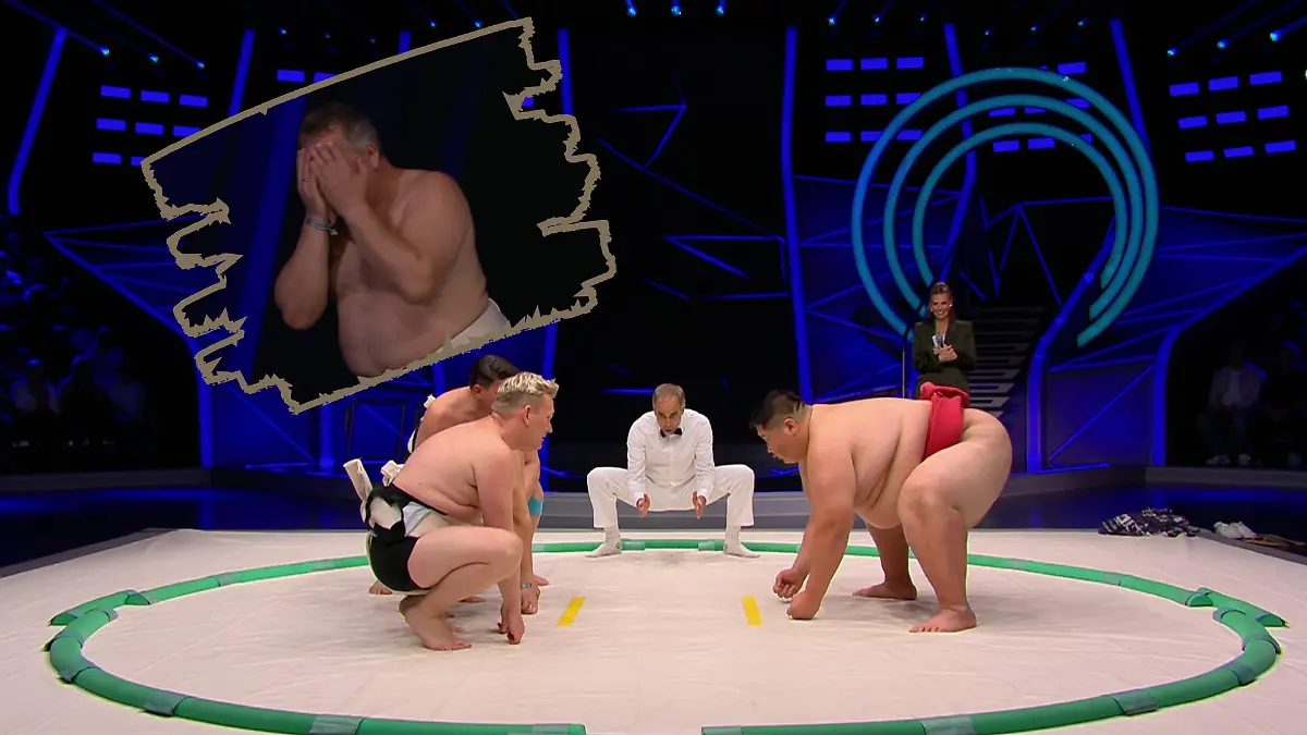 Beim Sumo-Ringen in „Drei gegen Einen” kriegt es Elton plötzlich mit der Angst zu tun