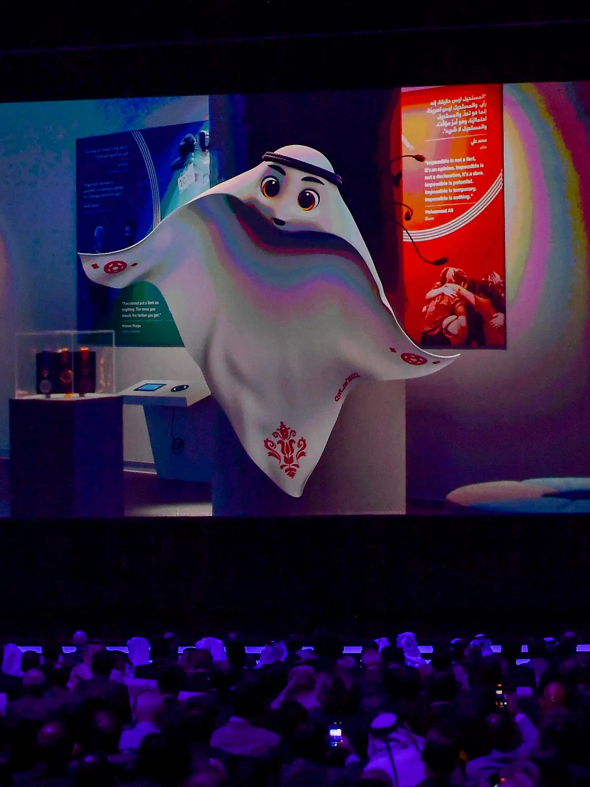 220402 -- DOHA, April 2, 2022 -- La eeb, the FIFA World Cup, WM, Weltmeisterschaft, Fussball Qatar 2022 Mascot, is presented at the start of the FIFA World Cup 2022 main draw at Doha Exhibition & Convention Center DECC in Doha, Qatar, April 1, 2022. Photo by Nikku/Xinhua SPQATAR-DOHA-FIFA WORLD CUP-FINAL DRAW yangyuanyong PUBLICATIONxNOTxINxCHN 