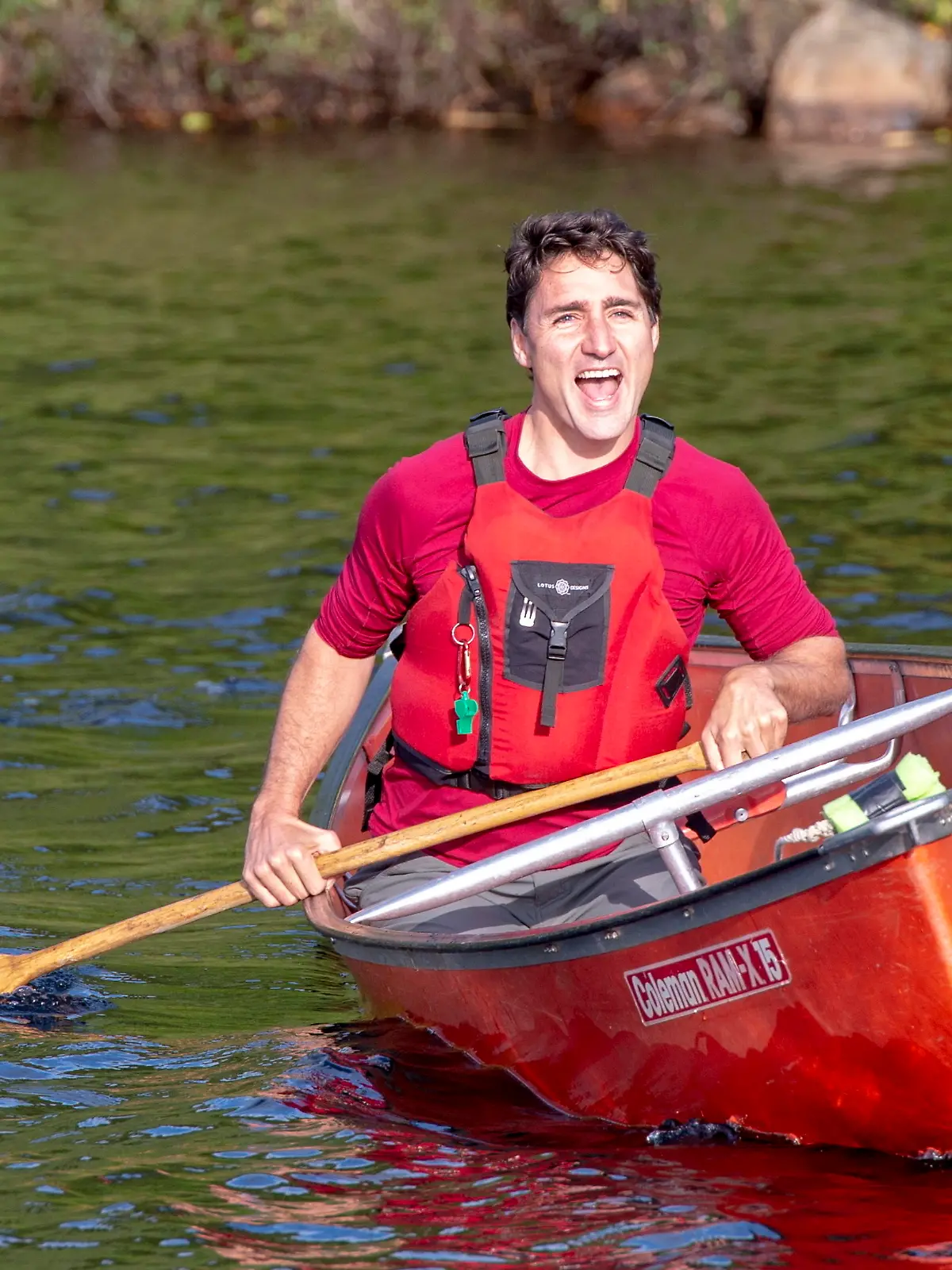 Liberal leader Justin Trudeau canoes on Lake Laurentin before making an enivironment announcement while campaigning Thursday, September 26, 2019 in Sudbury, Ontario. (Ryan Remiorz/The Canadian Press via AP)