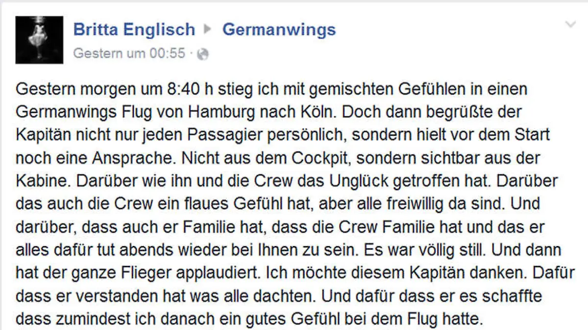 Britta Englisch dankt der Crew und Frank Woiton für die einfühlsame Ansprache vor ihrem Flug.