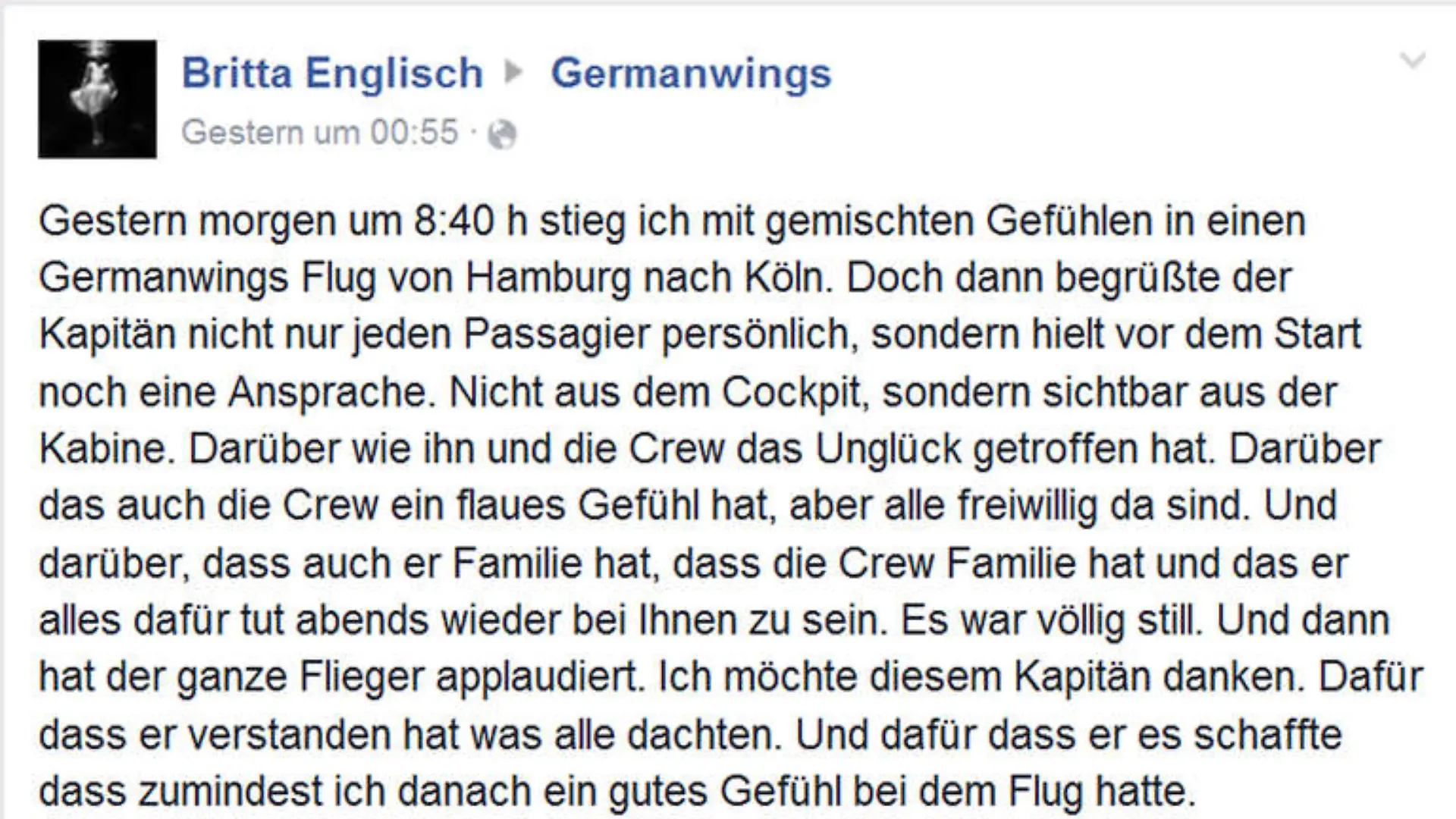 Britta Englisch dankt der Crew und Frank Woiton für die einfühlsame Ansprache vor ihrem Flug.