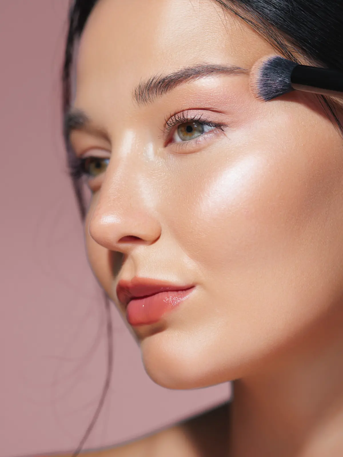 Eine junge Frau mit Make-up trägt Rouge auf den Wangen auf.