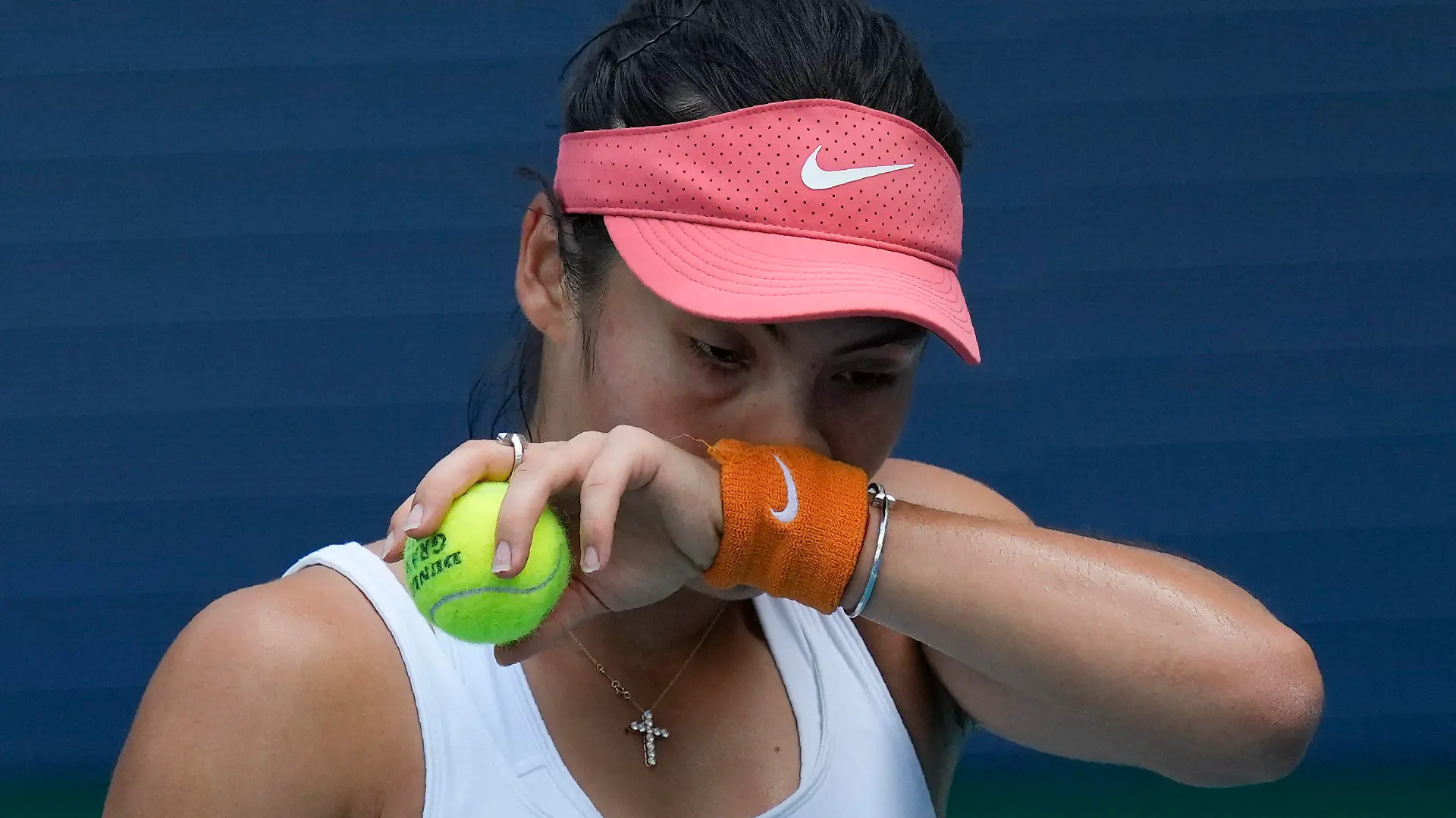 Emma Raducanu of Britain prepares to serve in her second round women's match against Katerina Siniakova of Czech Republic, at the Miami Open tennis tournament, Thursday, March 24, 2022, in Miami Gardens, Fla. (AP Photo/Rebecca Blackwell)