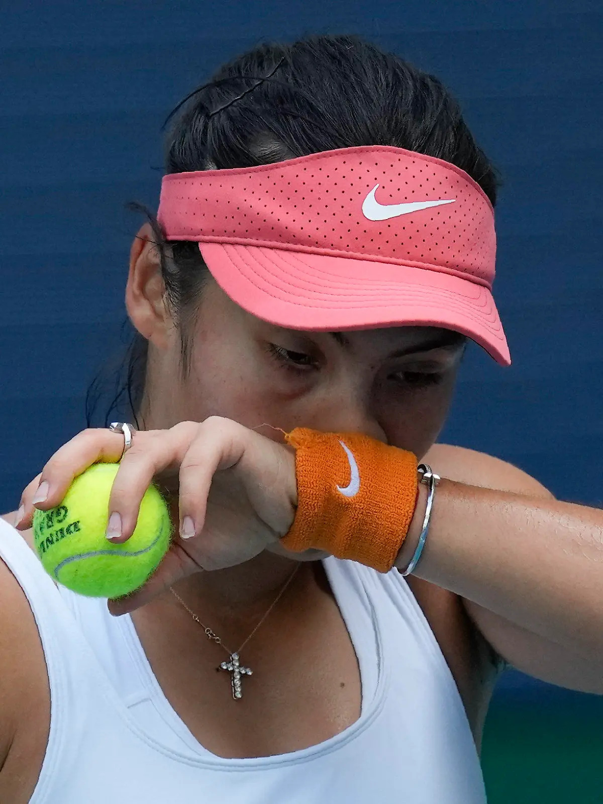 Emma Raducanu of Britain prepares to serve in her second round women's match against Katerina Siniakova of Czech Republic, at the Miami Open tennis tournament, Thursday, March 24, 2022, in Miami Gardens, Fla. (AP Photo/Rebecca Blackwell)