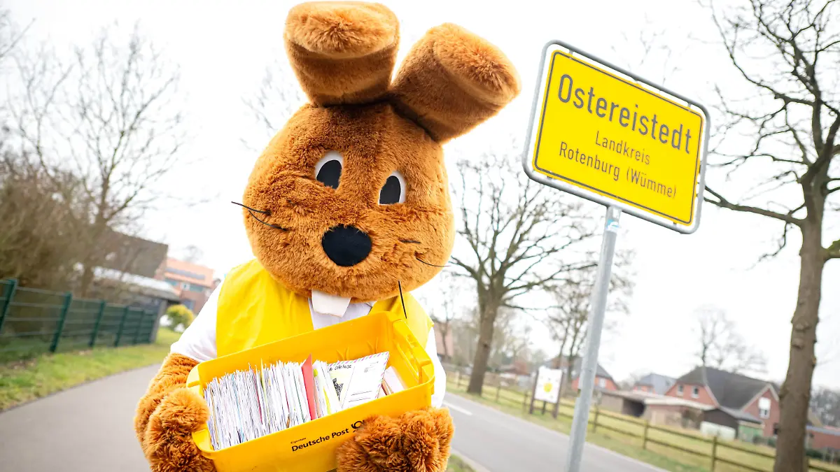 PRODUKTION - 24.03.2025, Niedersachsen, Ostereistedt: «Hanni Hase» läuft mit einer Kiste voller Briefe durch Ostereistedt. «Hanni Hase» und sein Team beantworten noch bis zum 15. April die Briefe von Kindern aus aller Welt. Vier Wochen vor Ostern sind in der Osterpostfiliale der Deutschen Post in Ostereistedt bereits rund 10.000 Briefe eingegangen. (zu dpa: ««Hanni Hase» beantwortet Osterpost») Foto: Sina Schuldt/dpa +++ dpa-Bildfunk +++