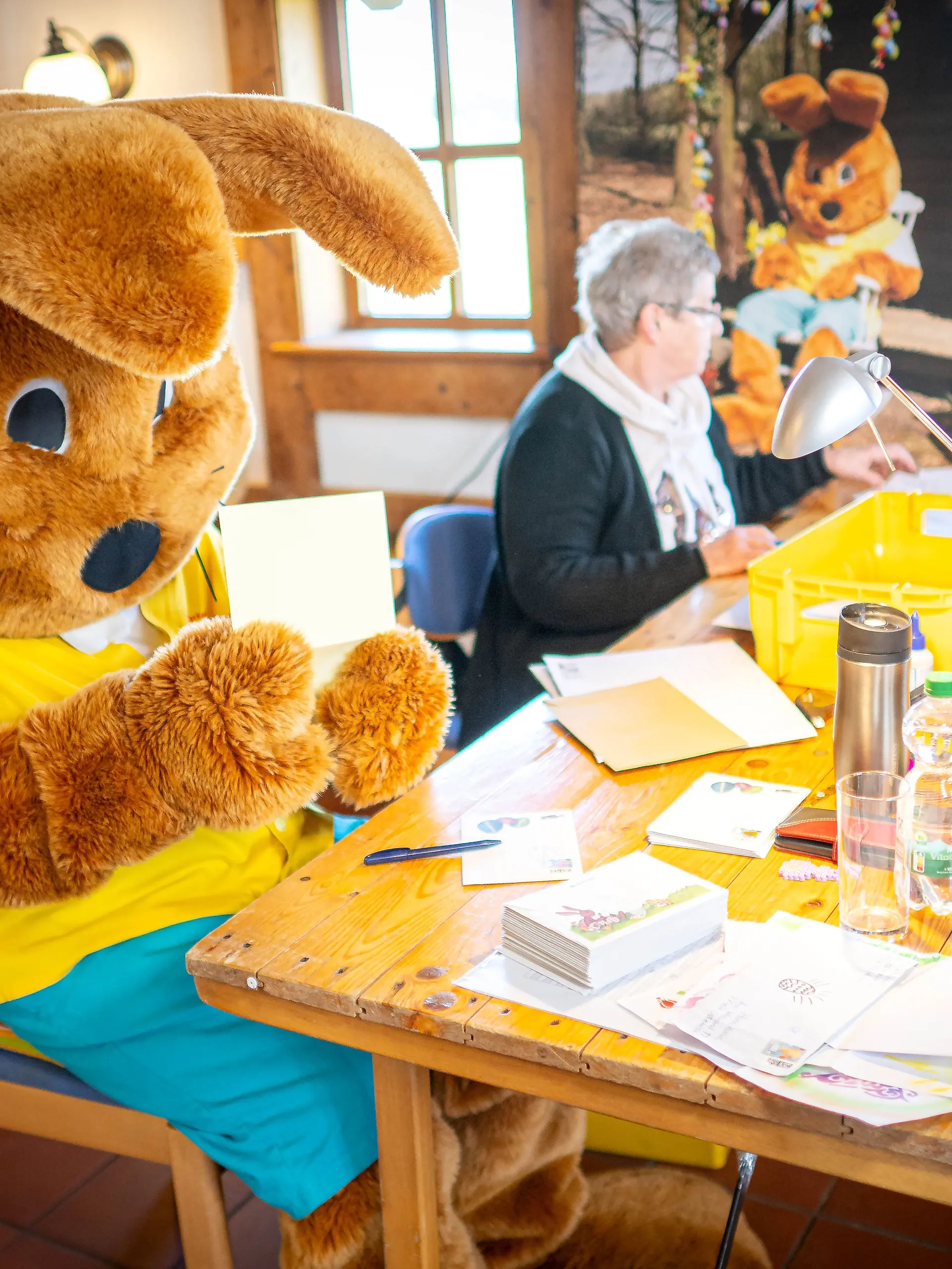 PRODUKTION - 24.03.2025, Niedersachsen, Ostereistedt: «Hanni Hase» (l) sitzt vor zahlreichen Briefen in der Osterpostfiliale. «Hanni Hase» und sein Team beantworten noch bis zum 15. April die Briefe von Kindern aus aller Welt. Vier Wochen vor Ostern sind in der Osterpostfiliale der Deutschen Post in Ostereistedt bereits rund 10.000 Briefe eingegangen. (zu dpa: ««Hanni Hase» beantwortet Osterpost») Foto: Sina Schuldt/dpa +++ dpa-Bildfunk +++