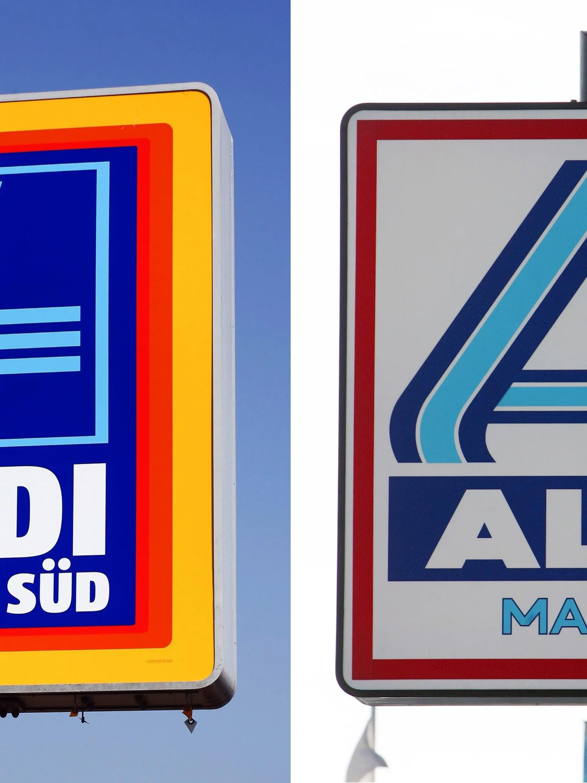 ARCHIV - Die Kombo zeigt die Schilder von Aldi Süd und Aldi Nord (Archivbilder). Mit Pfennigbeträgen bauten Karl (87) und Theo (85) Albrecht seit 1946 ein Wirtschaftsimperium auf: Aldi, abgeleitet von Albrecht-Discount. Heute sind sie die mit großem Abstand reichsten Deutschen - sie verfügen nach Recherchen des «manager magazins» über ein geschätztes Vermögen von jeweils über 17 Milliarden Euro. Die Brüder haben sich die Handelswelt schon seit 1961 aufgeteilt: Während Theo bei Aldi Nord in Essen die Fäden zieht, steht Karl für Aldi Süd in Mülheim an der Ruhr. Über die Gründe, warum zwei selbstständige Unternehmen statt eines Konzerns aufgebaut wurden, kursieren lediglich Gerüchte. Die Brüder scheuen das Rampenlicht der Öffentlichkeit. Fotos: Wolfram Steinberg/Peter Förster (zu dpa 0409 und 0417 vom 09.10.2007) +++(c) dpa - Bildfunk+++