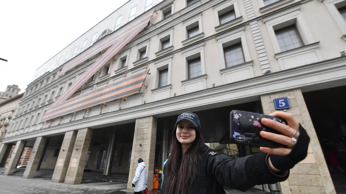 Russia, Moscow. Sign Z in support of Russian Armed Forces in Ukraine on a facade of the Moscow Oleg Tabakov Theatre.
