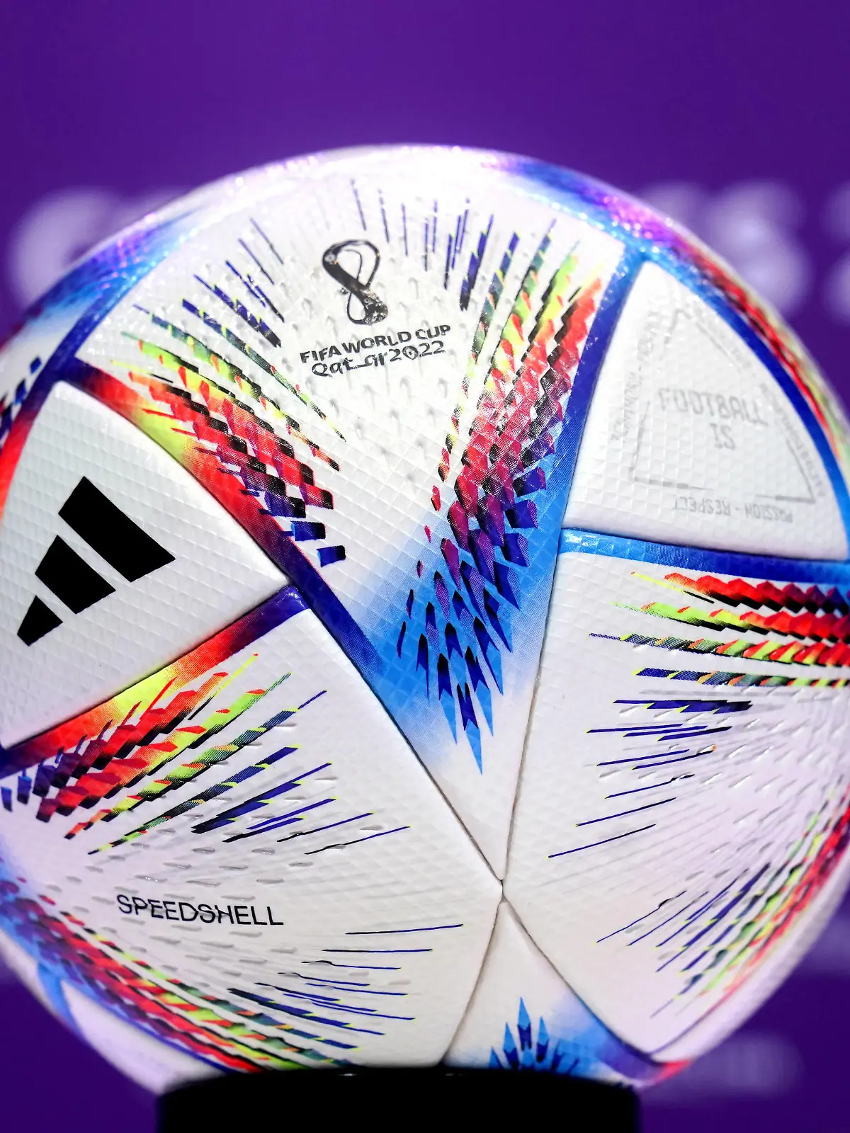 72nd FIFA Congress - FIFA World Cup, WM, Weltmeisterschaft, Fussball 2022 - Doha Exhibition and Convention Center The Adidas Al Rihla, the official match ball of the FIFA World Cup 2022 on display during a press conference, PK, Pressekonferenz following the 72nd FIFA Congress at the Doha Exhibition and Convention Center, Doha. Picture date: Thursday March 31, 2022. Use subject to restrictions. Editorial use only, no commercial use without prior consent from rights holder. PUBLICATIONxNOTxINxUKxIRL Copyright: xNickxPottsx 66146024 