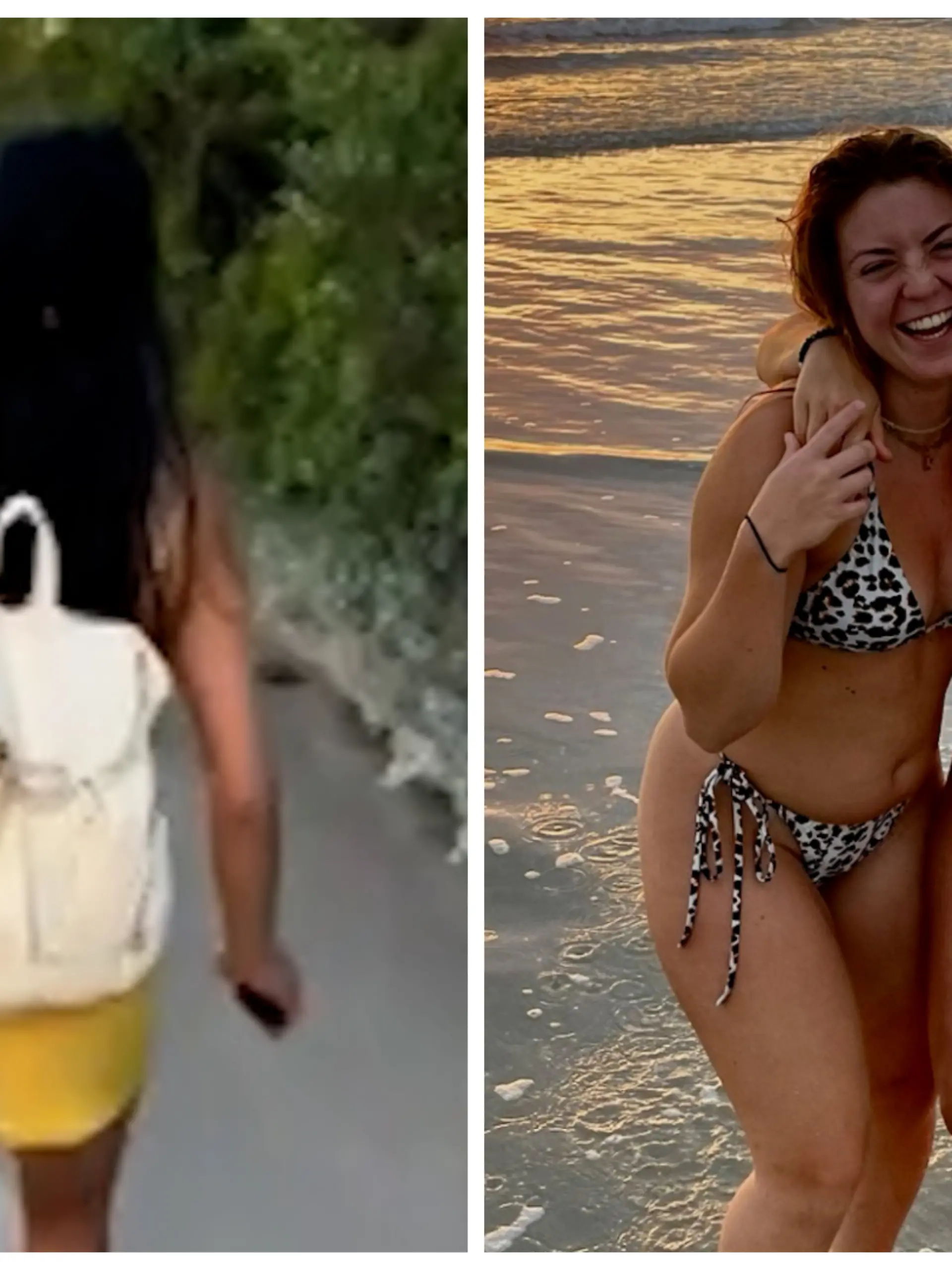 Fotocollage: Links eine Frau von hinten in einem tropischen Urlaubsland, rechts die beiden Freundinnen im Bikini am Strand.