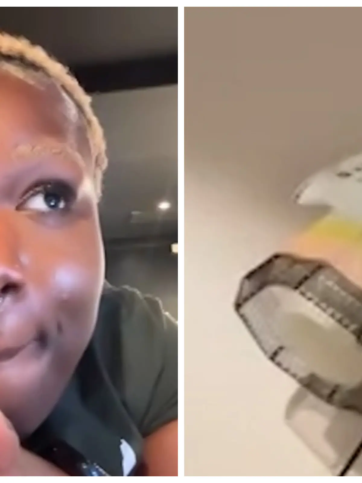 Fotocollage: Links Hazie schaut verwirrt in die Kamera, rechts eine Cartoon-Maske in ihrem Zimmer