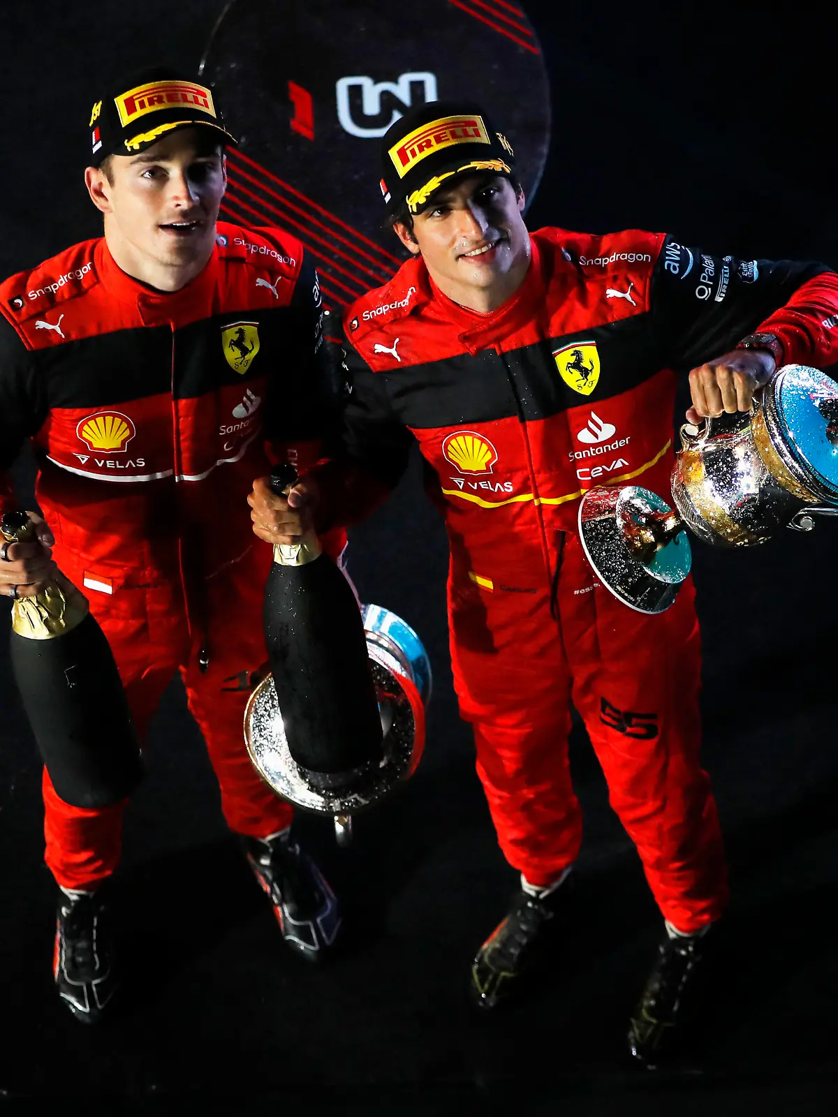 Formula 1 2022: Bahrain GP BAHRAIN INTERNATIONAL CIRCUIT, BAHRAIN - MARCH 20: Charles Leclerc, Ferrari, 1st position, and Carlos Sainz, Ferrari, 2nd position, with their trophies during the Bahrain GP at Bahrain International Circuit on Sunday March 20, 2022 in Sakhir, Bahrain. Photo by Steven Tee / LAT Images Images PUBLICATIONxINxGERxSUIxAUTxHUNxONLY GP2201_175758_2ST9865 