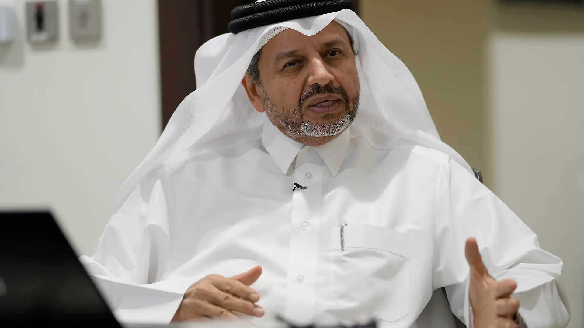 Police Maj. Gen. Abdulaziz Abdullah Al Ansari talks during and interview with The Associated Press in Doha, Qatar, Wednesday, March 30, 2022. Al Ansari, who is overseeing security for the World Cup, said that rainbow flags could be taken off supporters to protect them from being attacked for promoting gay rights. (AP Photo/Darko Bandic)