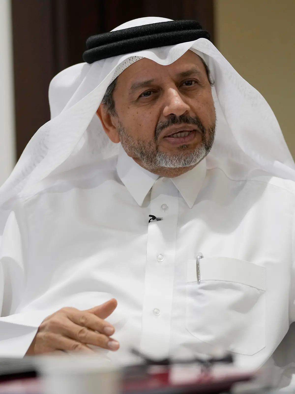 Police Maj. Gen. Abdulaziz Abdullah Al Ansari talks during and interview with The Associated Press in Doha, Qatar, Wednesday, March 30, 2022. Al Ansari, who is overseeing security for the World Cup, said that rainbow flags could be taken off supporters to protect them from being attacked for promoting gay rights. (AP Photo/Darko Bandic)