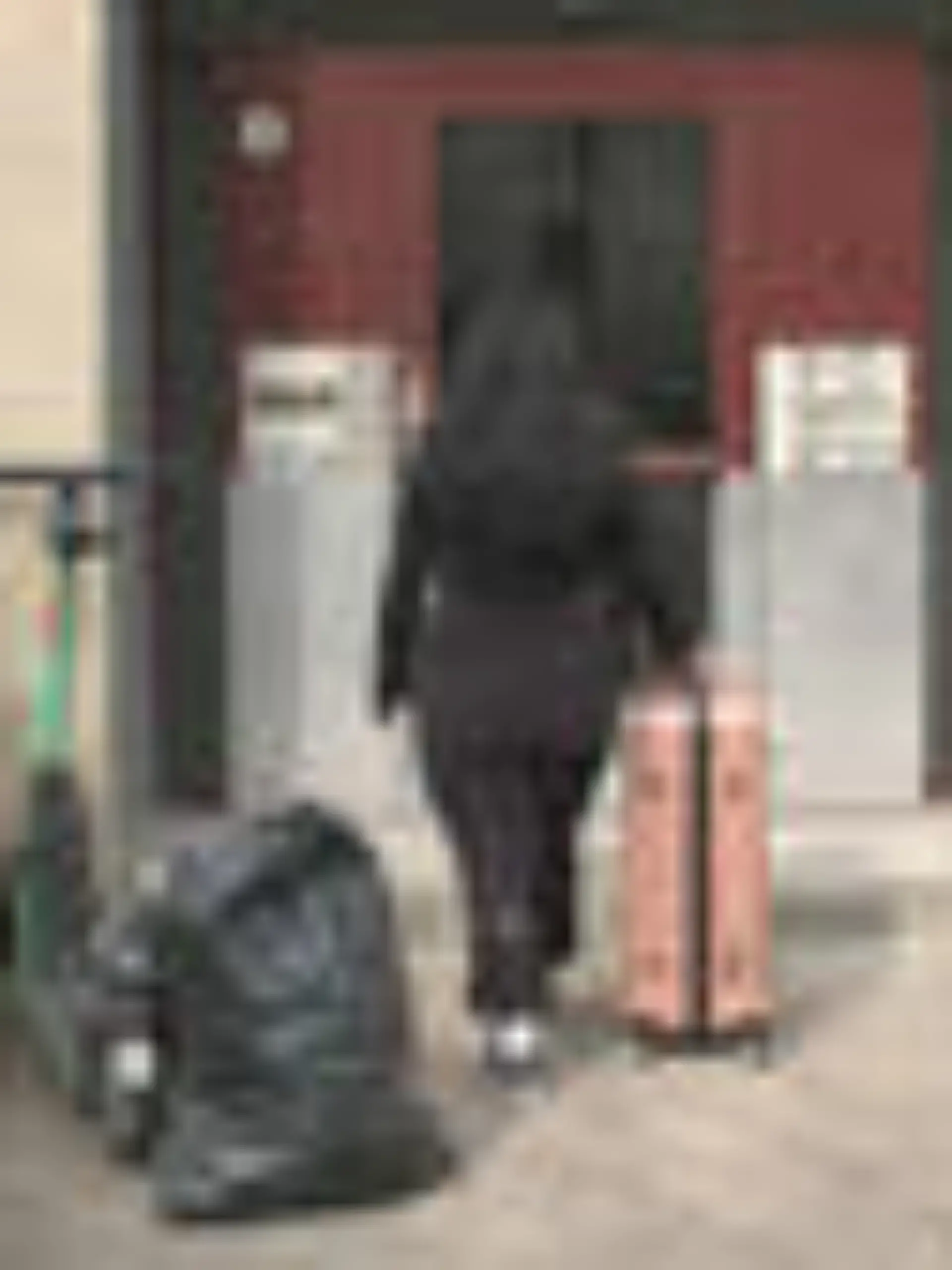 Frau mit Koffer vor der Haustür 