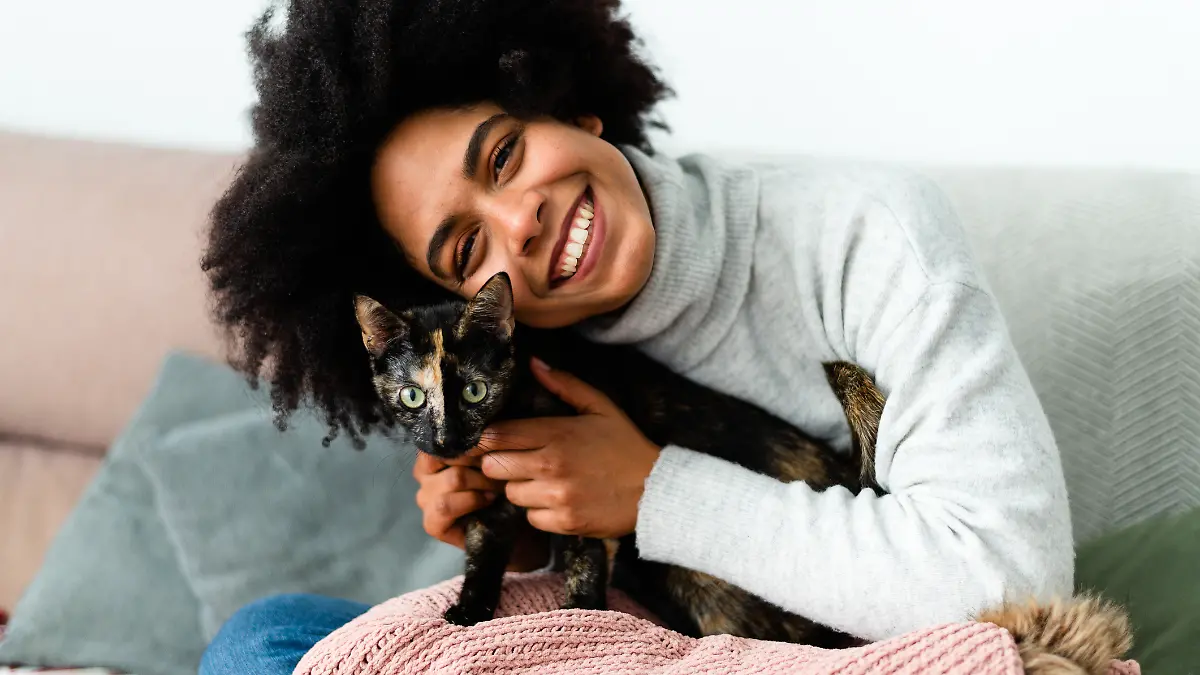 Frau und Katze auf einem Sofa