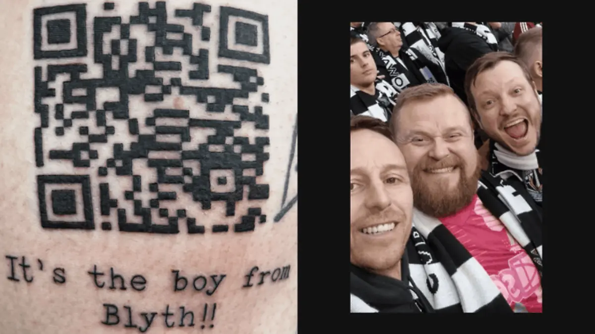 Newcastle-Fan lässt sich QR-Code zum Video des 2:1-Siegtreffers im Finale des Ligapokals gegen Liverpool auf die Wade tätowieren.