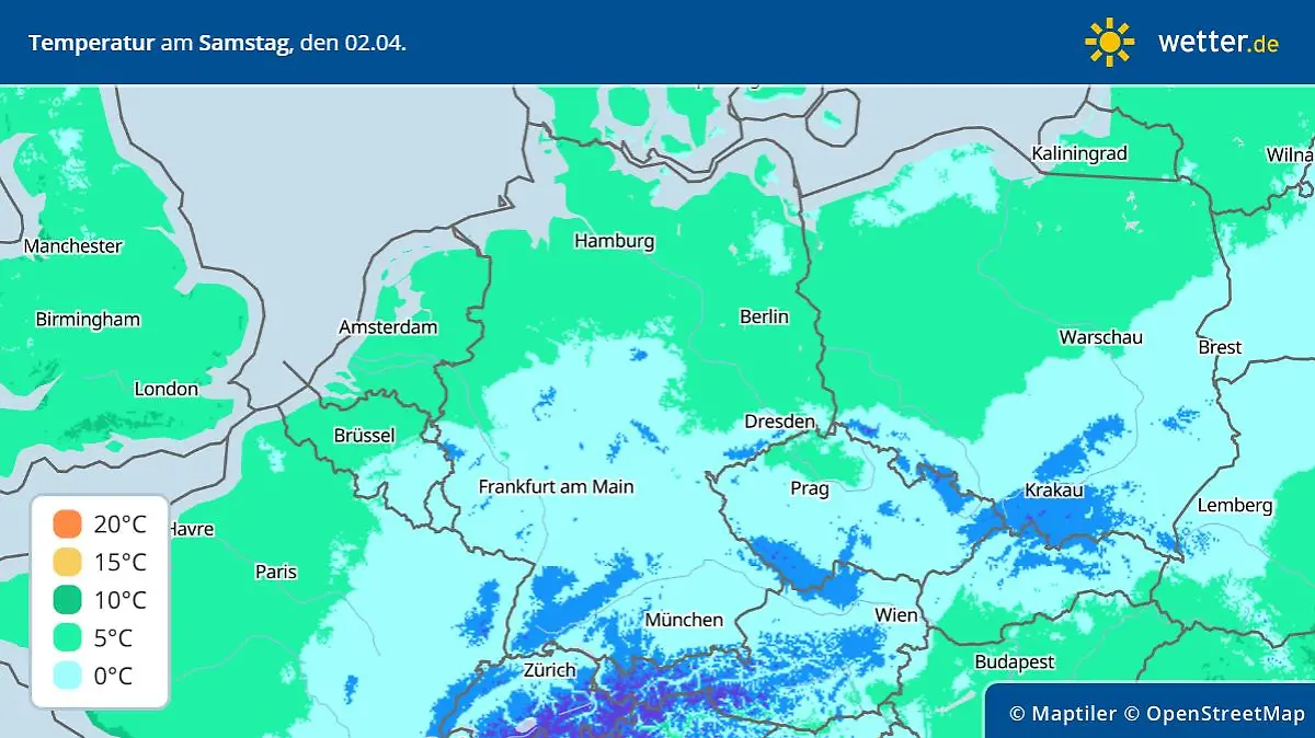 Deutschlandvorhersage für die Höchstwerte am Samstag, 02. April 2022 - nur noch einstellige Werte sind möglich