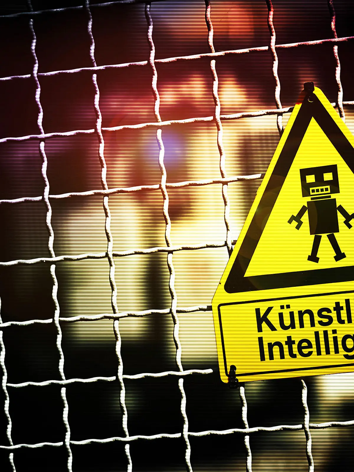 Roboterfigur auf einem Warnschild mit Aufschrift Künstliche Intelligenz