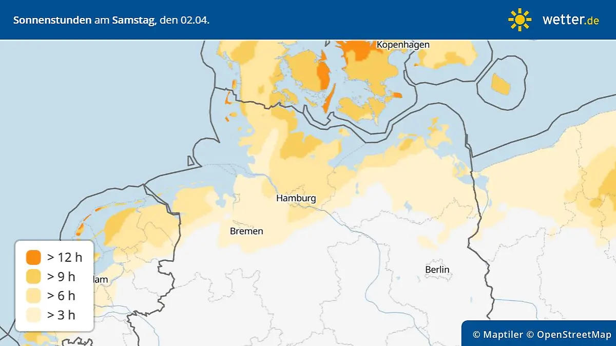 Sonnenscheindauer für die Nordhälfte Deutschlands am Samstag - bis zu 12 Sonnenstunden sind drin