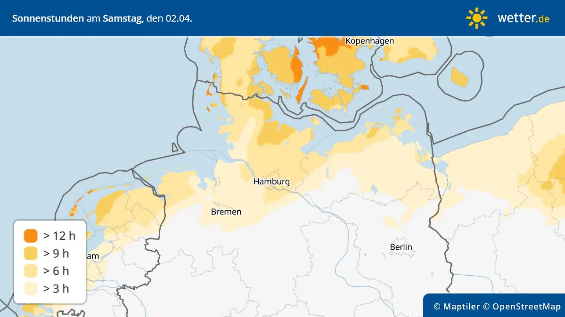 Sonnenscheindauer für die Nordhälfte Deutschlands am Samstag - bis zu 12 Sonnenstunden sind drin