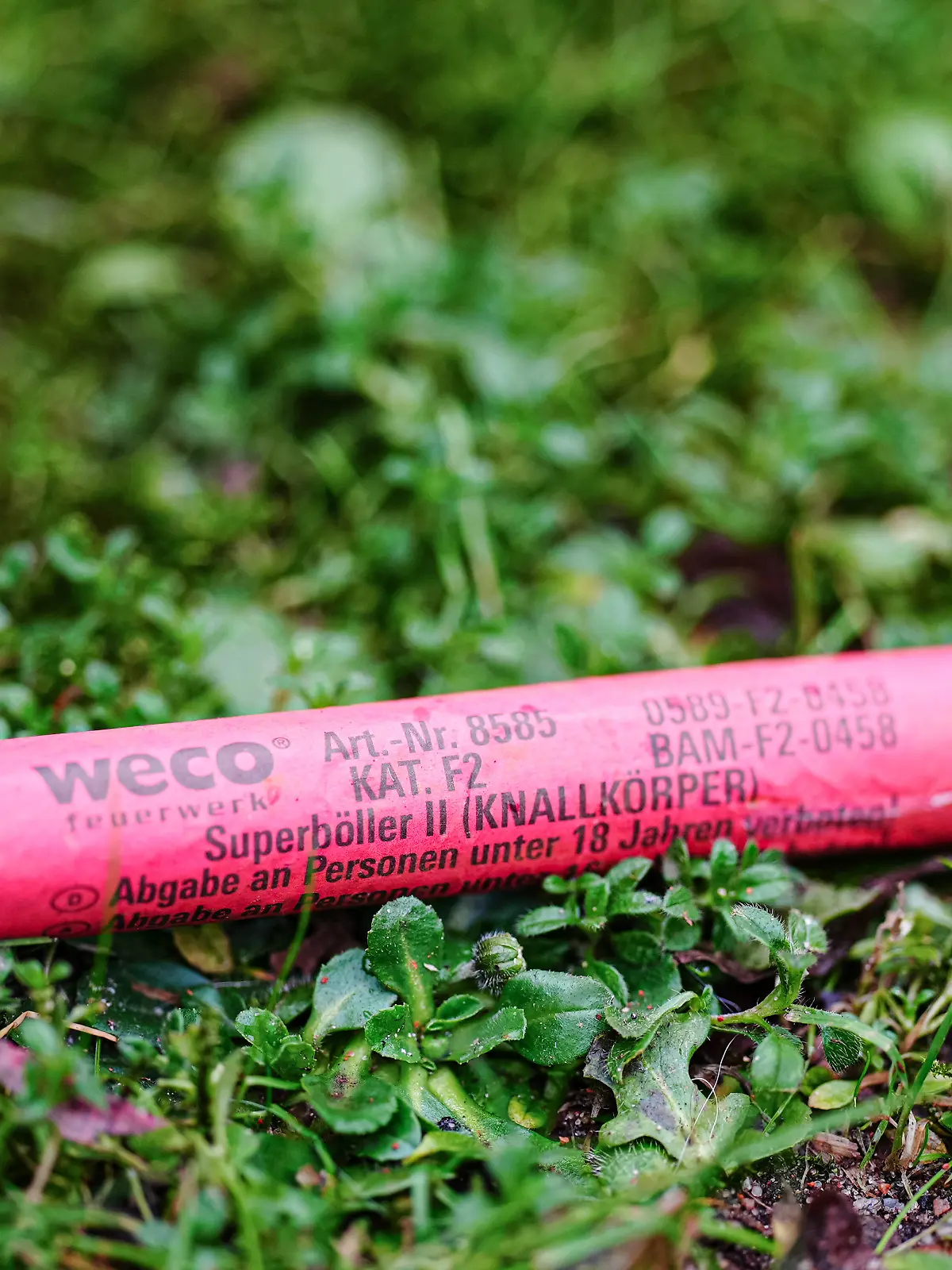 Ein Böller liegt auf dem Rasen 