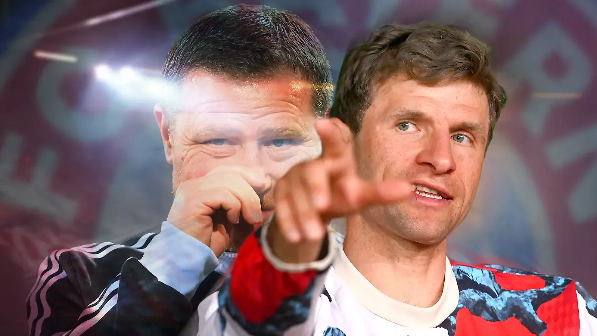 Fotomontage: Max Eberl, Sportvorstand des FC Bayern München, hinter Thomas Müller