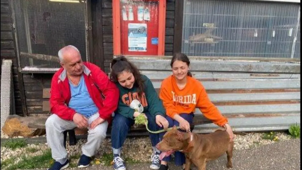 Sofia und ihre Familie mit Hund Jerry drau0en auf einer Mauer.