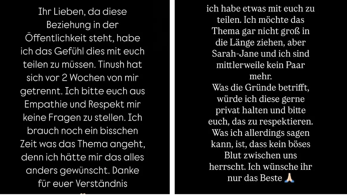 Sarah-Jane Wollny und Tinush Nasri verkünden bei Instagram, dass sie kein Paar mehr sind