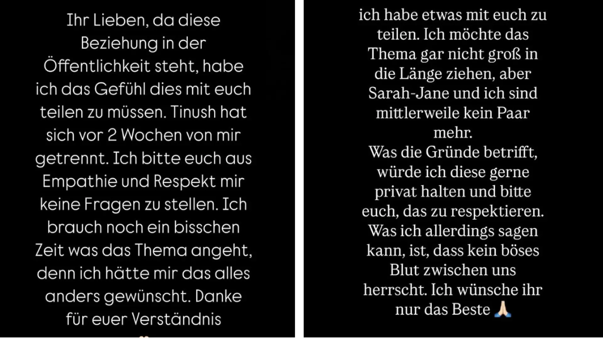 Sarah-Jane Wollny und Tinush Nasri verkünden bei Instagram, dass sie kein Paar mehr sind