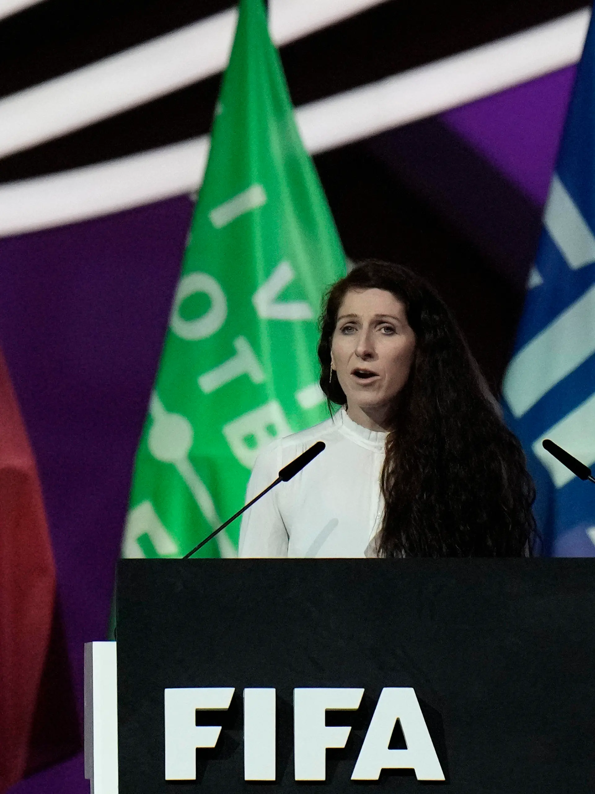 Norwegian soccer official Lise Klaveness speaks during the FIFA congress at the Doha Exhibition and Convention Center in Doha, Qatar, Thursday, March 31, 2022. (AP Photo/Hassan Ammar)