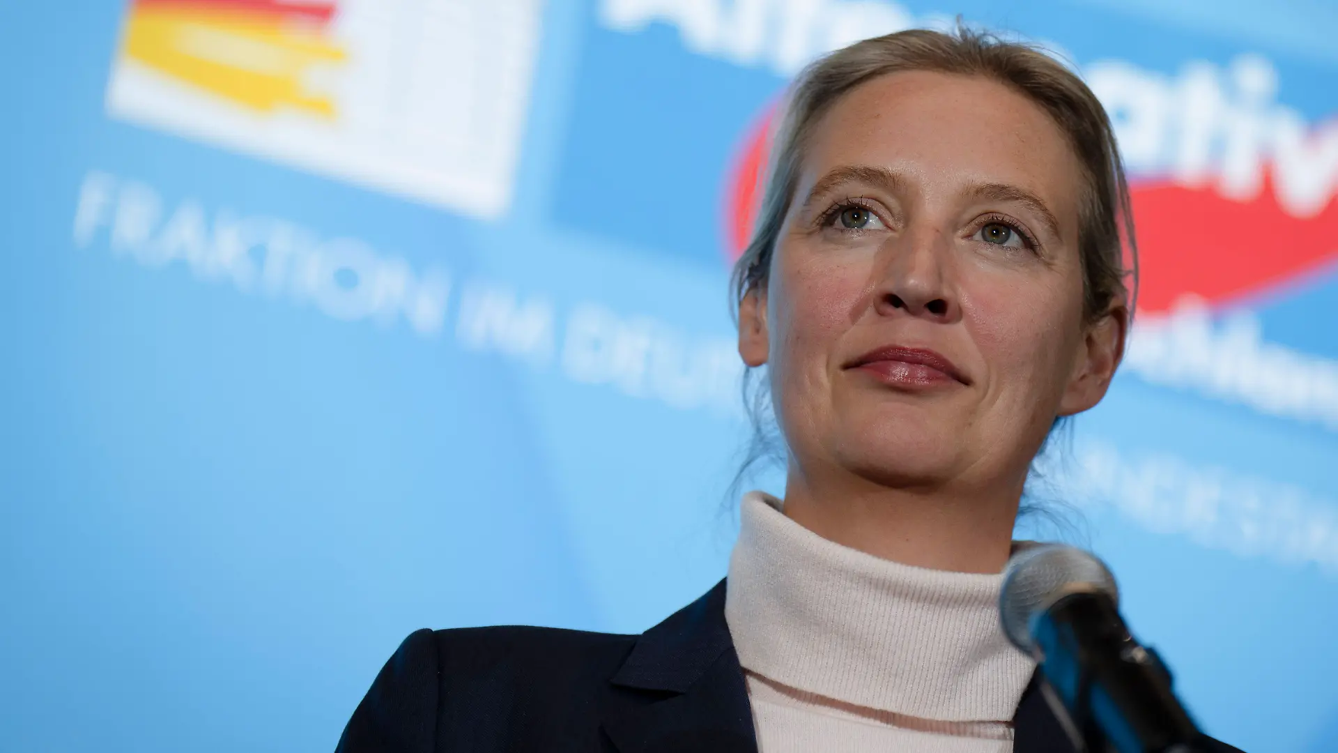 Die Co-Chefin der AfD, Alice Weidel, steht während eines Statements vor einer Logowand der Partei