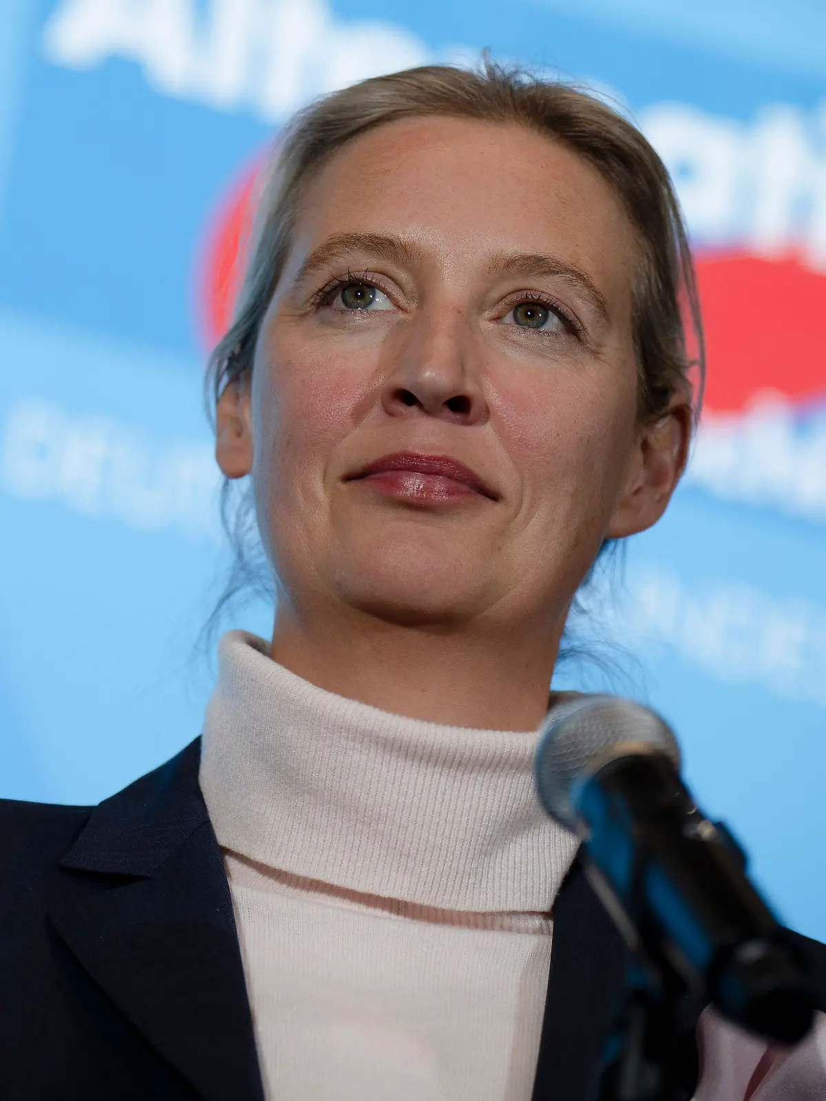 Die Co-Chefin der AfD, Alice Weidel, steht während eines Statements vor einer Logowand der Partei