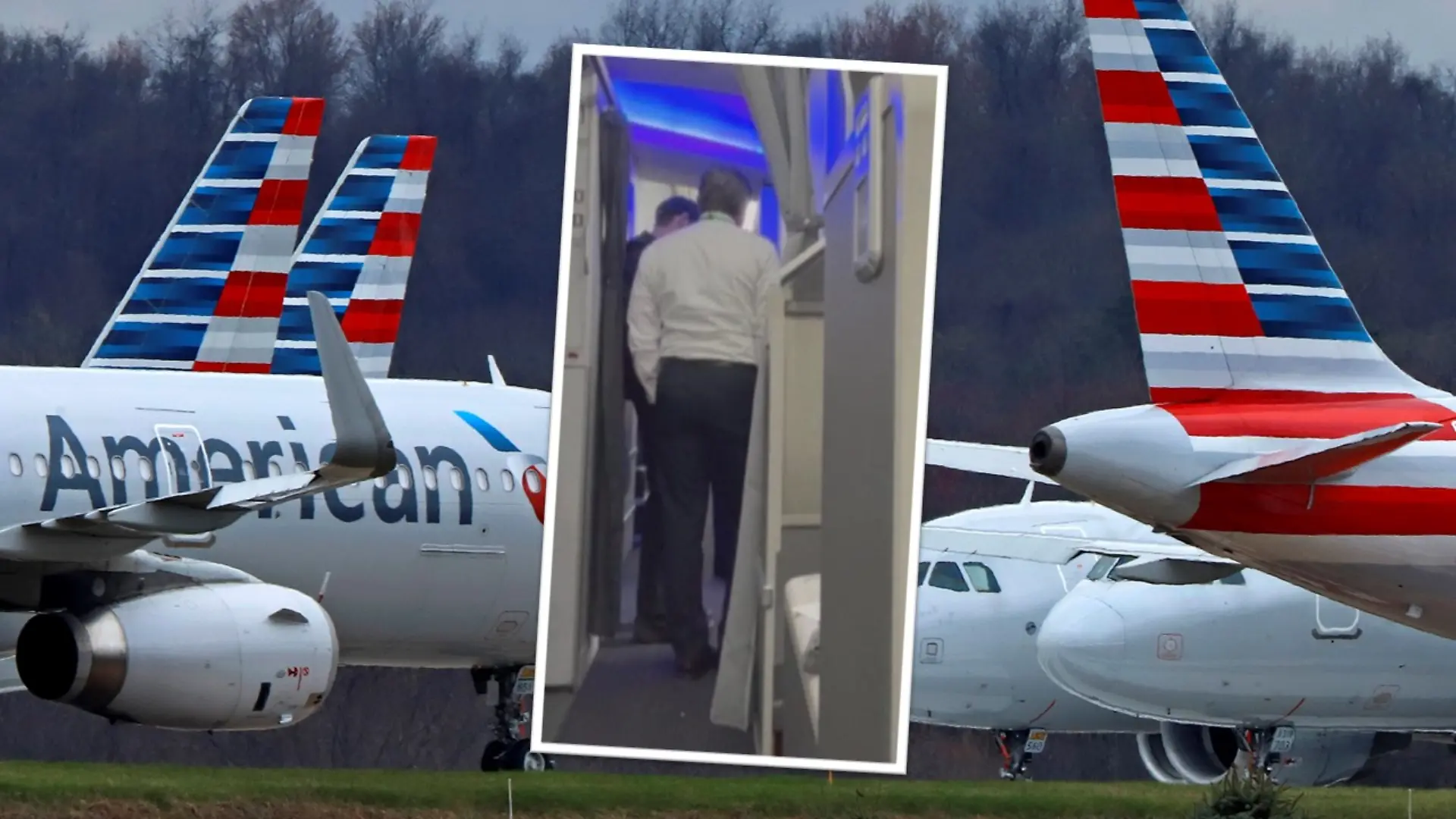Der randalierende Passagier wird nach der Landung von Sicherheitsbeamten von Bord begleitet.