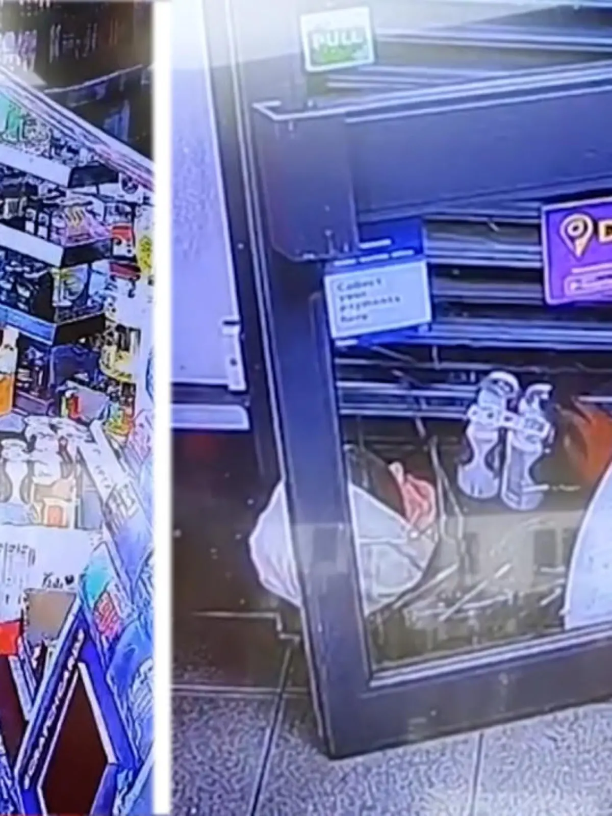 Ein Krimineller steht in einem Kiosk und bedroht den Verkäufer mit einem Messer. Im zweiten Bild steckt er unter einer Rolllade fest.