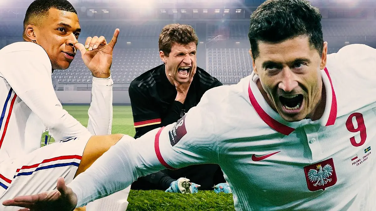 Kylian Mbappé, Thomas Müller und Robert Lewandowski