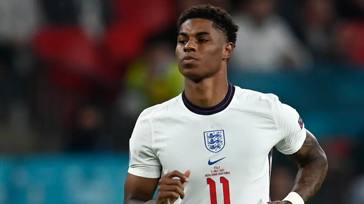 England's Marcus Rashford enters the pitch during the Euro 2020 soccer championship final match between England and Italy at Wembley Stadium in London, Sunday, July 11, 2021. (Paul Ellis/Pool via AP)